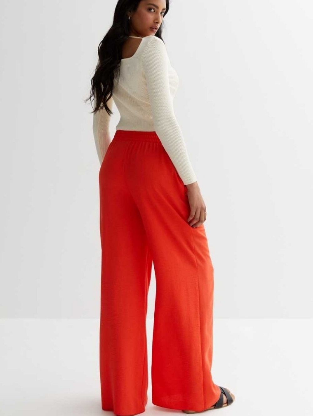 NEW LOOK Wide Leg Palazzo Pants Size US 12 Coral/Orange High Rise Flowy - Picture 2 of 14